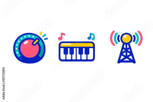 Three colorful icons representing music and broadcasting are displayed on a black background, featuring a volume knob, a synthesizer keyboard, and a radio transmission tower.