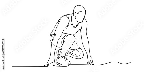 A minimalist one line drawing of a male runner in a starting position ready to begin a race Vector, illustration