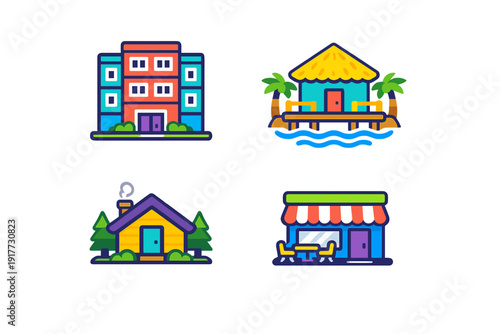 A set of four colorful flat vector icons representing different types of buildings including a hotel, a tropical beach bungalow, a forest cabin, and a small cafe with outdoor seating.