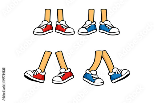 A set of cartoon legs wearing red and blue sneakers in various walking and standing positions. The illustration features simple character design on a solid black background.