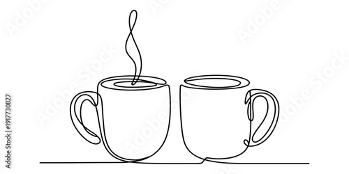 Minimalist continuous line drawing of two coffee mugs with a steam swirl on a white background. Vector, illustration