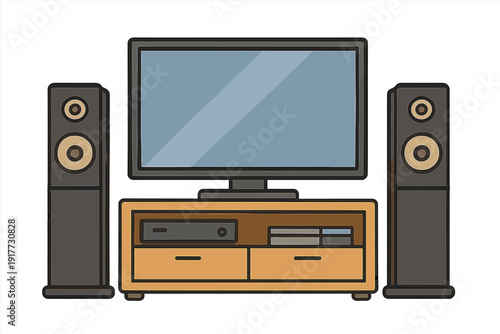 A flat illustration of a modern home entertainment system featuring a large television on a wooden stand flanked by two tall speakers and containing various media devices.