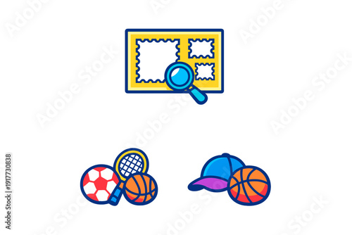 Colorful flat icons showing a magnifying glass examining postage stamps, a set of sports gear with a soccer ball and tennis racket, and a baseball cap next to a basketball on a black background.