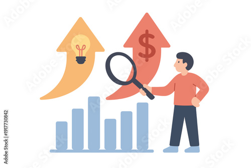 A flat illustration of a man holding a magnifying glass while analyzing a bar chart. Two large upward arrows featuring a lightbulb and a dollar sign represent growth and ideas.