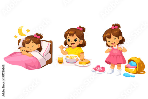 This illustration features a young girl in three daily routines: sleeping in her bed, eating a healthy breakfast, and getting dressed for school with her backpack and shoes.