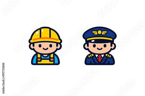A cute cartoon illustration featuring a construction worker in a yellow hard hat and a pilot in a blue uniform with a red tie, both smiling against a solid black background.