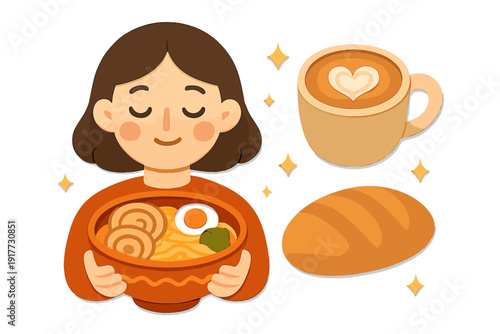 A cute cartoon illustration of a girl with brown hair holding a warm bowl of ramen noodles, accompanied by a cup of latte with heart art and a loaf of bread on a black background.