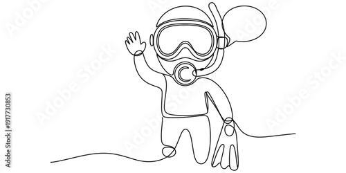 A simple one line drawing of a scuba diver waving his hand underwater with a speech bubble. Vector, illustration