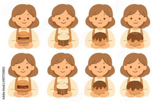 A series of illustrations featuring a cute girl character in a brown apron holding various desserts like cupcakes and muffins. The character has short brown hair and a friendly smile.