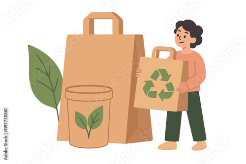 A person holds a paper shopping bag with a green recycling symbol next to a larger bag and a cup with a leaf design. This illustration promotes eco-friendly and sustainable packaging.