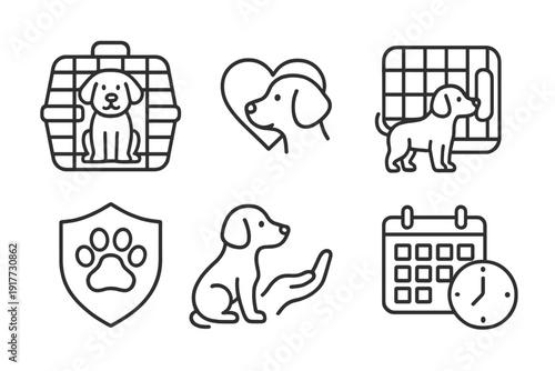 A set of six minimalist black line icons representing pet care services, including a dog in a carrier, a paw print shield, a heart with a dog, and a calendar with a clock for scheduling.
