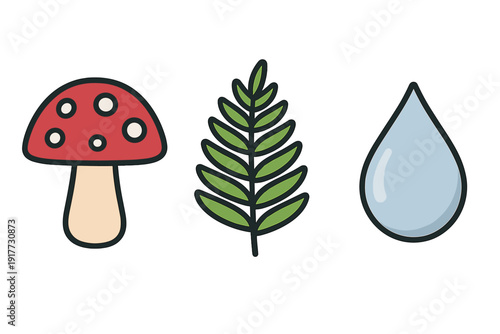 This graphic shows three simple nature icons including a red toadstool mushroom, a green fern leaf, and a blue water drop, all set against a solid black background.