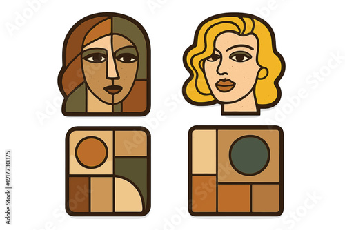 A set of four graphic badges featuring a cubist portrait, a pop art style woman, and two abstract geometric compositions in earthy tones of brown, green, and yellow.