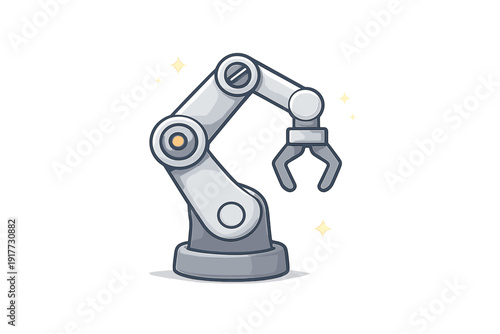 A stylized cartoon illustration of a silver industrial robotic arm with a mechanical gripper, positioned against a solid black background with small yellow sparkles.