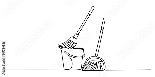 Minimalist continuous line drawing of cleaning equipment including a mop, bucket, and broom. Vector, illustration
