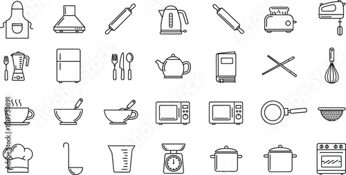 Kitchen icons collection, cooking utensils, culinary tools, black and white design, food preparation symbols, chef equipment, modern kitchen art, appliance illustration