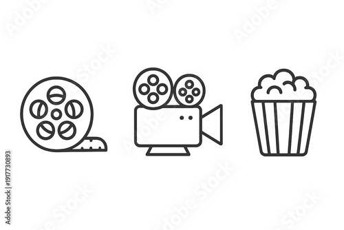 A set of three minimalist line art icons representing cinema, featuring a film reel, a vintage movie camera, and a bucket of popcorn against a dark background with subtle lines.