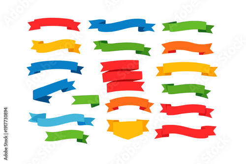 A collection of vibrant ribbon banners in red, blue, green, yellow, and orange. The banners feature various shapes like waves and folds, all set against a solid black background.