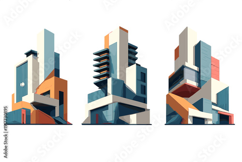 A series of three stylized building designs featuring sharp angles and interlocking blocks in blue, orange, and white tones, presented as a minimalist digital art composition.