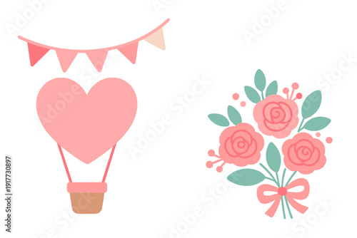 A flat illustration featuring a pink heart-shaped hot air balloon with a bunting banner and a bouquet of three pink roses tied with a bow on a black background.