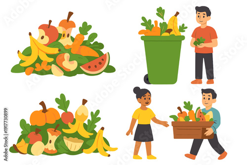 A collection of vector illustrations featuring people recycling food scraps into compost bins and piles of organic waste including fruit peels and vegetable remains.