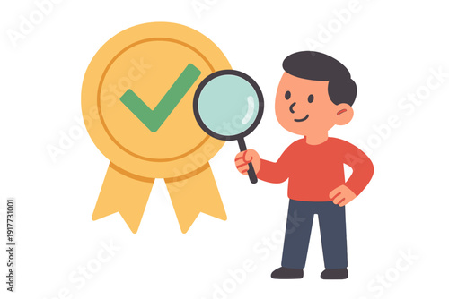 A cartoon illustration of a young boy holding a magnifying glass while inspecting a large gold medal with a green checkmark. The image represents quality control and verification.