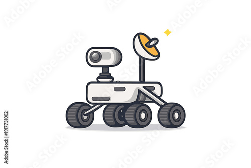 This flat vector illustration features a white planetary exploration rover equipped with six wheels, a camera sensor, and a satellite dish under a single yellow star.