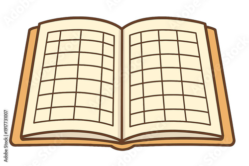 An illustration of an open book with empty grid patterns on its pages. The book has a brown cover and cream-colored paper, suitable for planning, writing, or practicing characters.