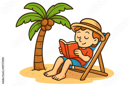 A colorful cartoon illustration of a young boy wearing a sun hat and sitting on a wooden beach chair while reading a book under a palm tree with coconuts on a sandy beach.