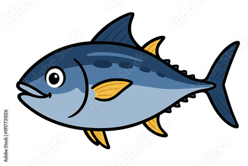 A cartoon illustration of a blue tuna fish with yellow fins and a large eye, isolated on a black background. The fish features dark blue spots along its side and a friendly expression.