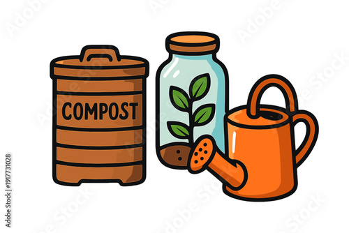 A cartoon illustration featuring a brown compost bin, a glass jar containing a small green plant, and an orange watering can, all set against a solid black background.