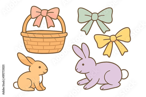 A collection of Easter-themed illustrations featuring a woven basket with a pink bow, two colorful ribbons, and two cute rabbits in pastel shades of purple and tan on a black background.