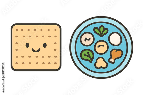 A cute cartoon illustration featuring a smiling square matzah cracker next to a traditional Passover Seder plate with symbolic food items on a solid black background.