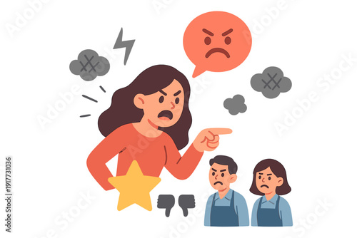 An angry woman points her finger and shouts at two service workers. The illustration features symbols of a bad review, including a single star, thumbs down, and storm clouds.