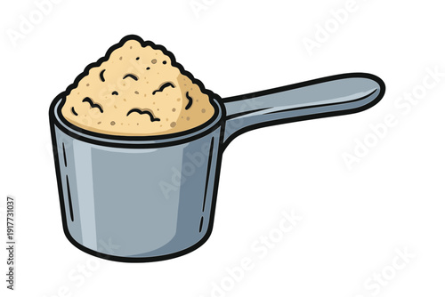 A cartoon illustration of a grey measuring scoop filled with a heap of tan protein powder or flour, isolated against a dark background. This graphic shows a single serving of supplement.