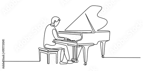Continuous line drawing of a musician playing a grand piano in a minimalist art style Vector, illustration