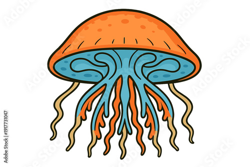 This vector graphic depicts a colorful jellyfish with a bright orange bell and blue interior. It features various wavy tentacles and is set against a plain black backdrop.