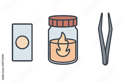 A flat illustration featuring three scientific laboratory icons including a microscope slide with a specimen, a glass jar with a lid, and a pair of metal tweezers on a dark background.