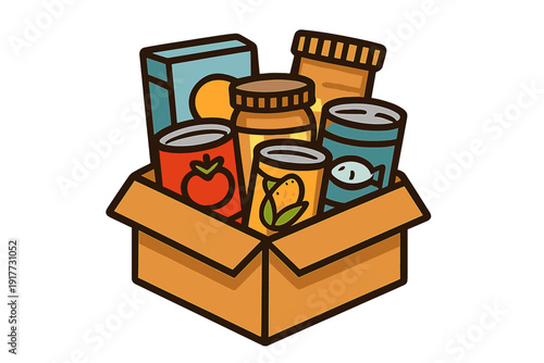 A cartoon illustration of a cardboard box filled with various non-perishable food items like canned goods, a jar, and boxes, representing a food donation or grocery delivery.