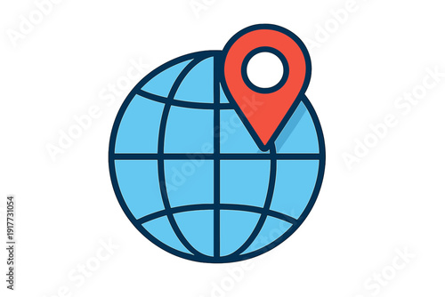 A flat illustration of a blue globe with dark grid lines and a red location pin placed on its surface, representing global positioning, navigation, and geographic tracking concepts.