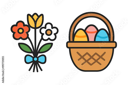 A flat cartoon illustration featuring a colorful flower bouquet tied with a blue bow and a brown wicker basket filled with three decorated Easter eggs on a black background.