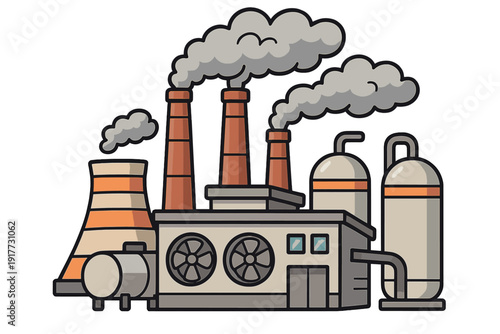 This flat cartoon illustration depicts an industrial factory complex with smoking chimneys, a cooling tower, and storage tanks, symbolizing manufacturing and energy production.