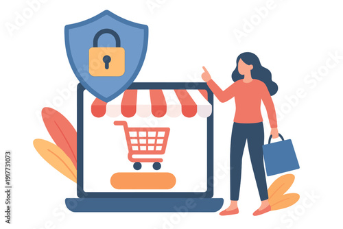 A flat illustration of a woman standing next to a laptop displaying an online store with a shopping cart. A large shield with a padlock represents secure digital transactions.