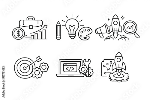 A collection of six white line art icons on a black background representing business, creativity, marketing, strategy, web development, and innovation concepts in a minimalist style.