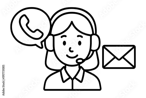 A black and white line art illustration of a female customer service representative wearing a headset, flanked by a telephone speech bubble and an envelope icon for communication.