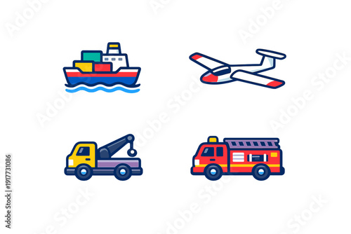 A collection of four colorful vector icons featuring different modes of transportation including a cargo ship, a glider airplane, a tow truck, and a red fire engine on a black background.