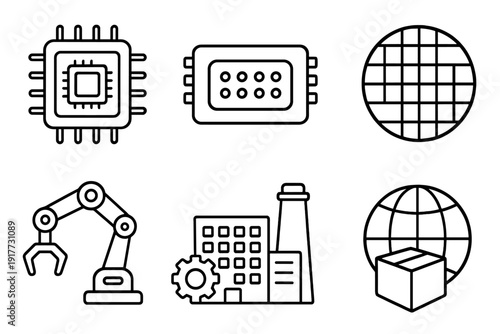 This collection features six minimalist black line icons depicting industrial and technological concepts like a CPU, robotic arm, factory, and global shipping on a white background.