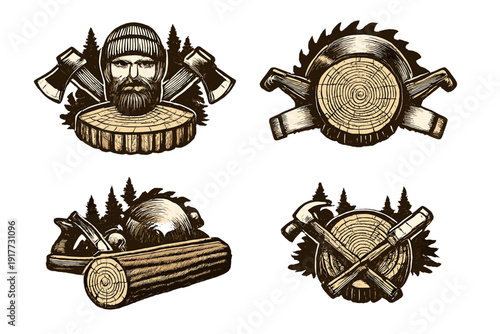 Four vintage woodcutting emblems featuring a bearded lumberjack, crossed axes, hand saws, and woodworking tools like a plane and hammer against tree rings and forest backgrounds.