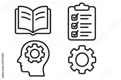 A collection of four minimalist line icons including an open book, a checklist clipboard, a human head profile with an internal gear, and a single gear on a dark background.