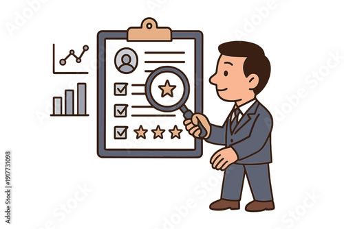 A businessman in a suit uses a magnifying glass to inspect a profile on a clipboard with checkboxes and stars. Charts are visible in the background of this professional illustration.